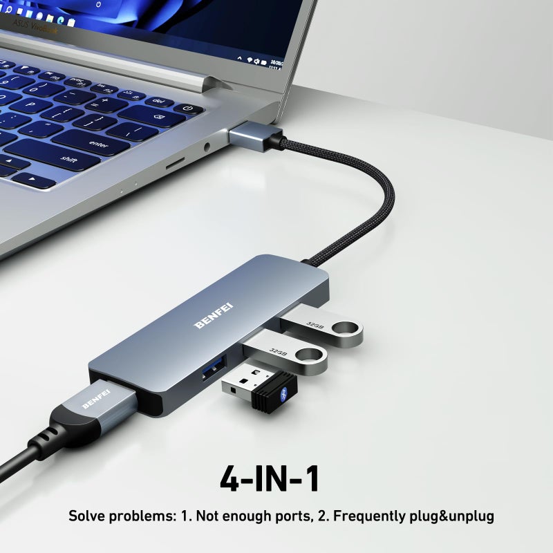 BENFEI USB 3.0 Hub, 4 Ports USB A Splitter Ultra-Slim Expander for Mouse, Keyboard, Flash Drive, U Disk, Printer Compatible with Laptop, Desktop PC, Xbox, PS5, and More - Image 2